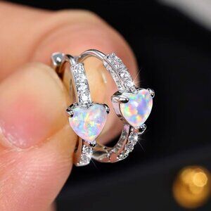 18k White Gold Opal Diamond Earrings Heart Shaped Opal Hoop Earrings